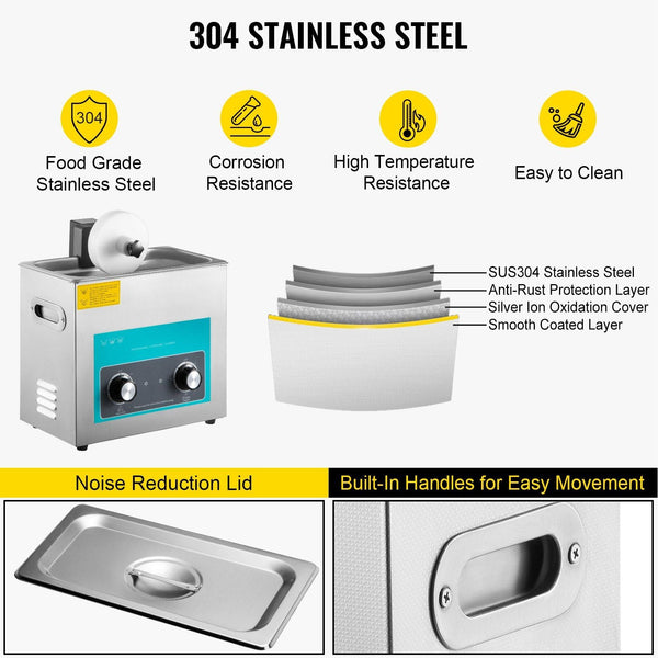 Ultrasonic Vinyl Record Cleaner 6L 40Khz Cleaning Machine Knob Control 8 Records Sonic Stainless Steel Tank With Mechanical Heater & Time Woodwind Acc