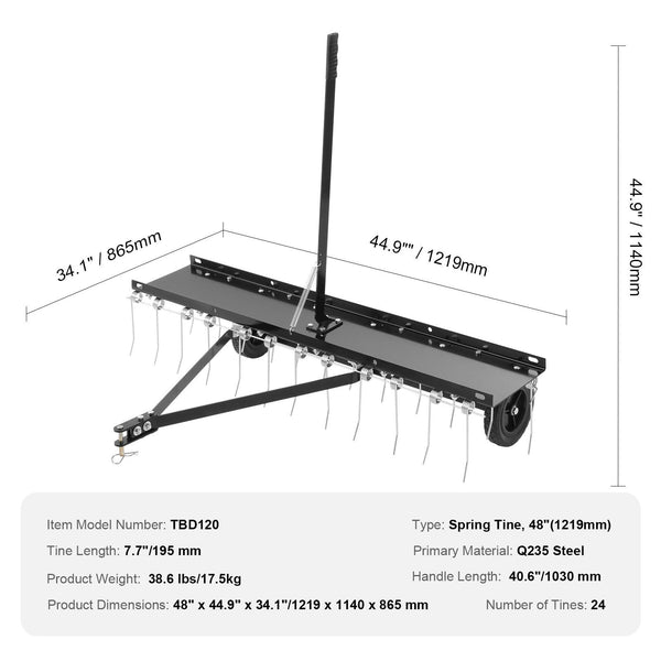 Tow Behind Dethatcher 1219Mm With 24 Spring Steel Tines Lawn Rake For Atv Or Mower Lift Handle Garden Farm Grass Lawn Mower Parts