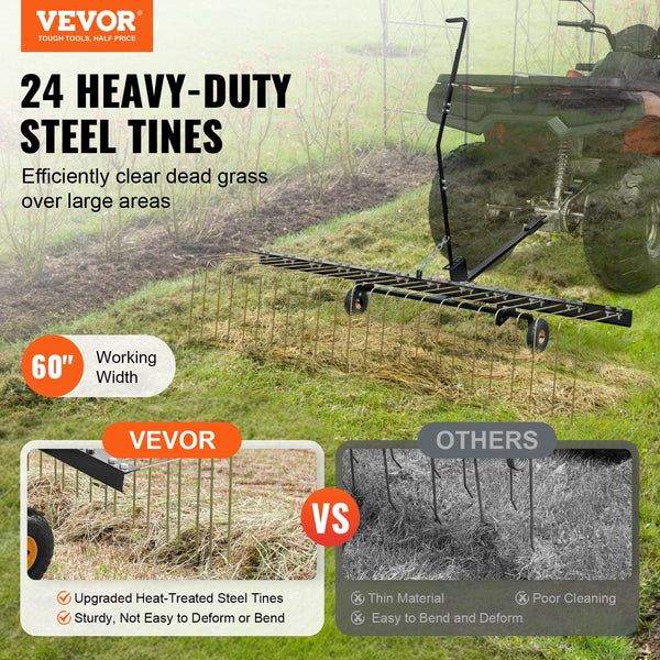 Tow Behind Dethatcher 1.5M With 24 Steel Tines Lawn Rake For Atv Or Mower Lift Handle Leaves Pine Needles And Grass Lawn Mower Parts