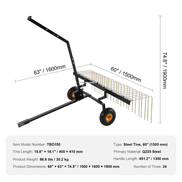 Tow Behind Dethatcher 1.5M With 24 Steel Tines Lawn Rake For Atv Or Mower Lift Handle Leaves Pine Needles And Grass Lawn Mower Parts