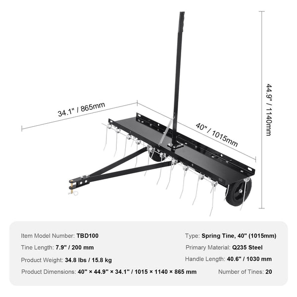 Tow Behind Dethatcher 1015Mm With 20 Spring Steel Tines Lawn Rake For Atv Or Mower Lift Handle Garden Farm Grass Lawn Mower Parts