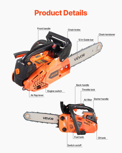 25 Cc Gas Chainsaw 305 Mm Powered 0.75 Kw Saw With Non Slip Handle Dual Fuel Tanks For Wood Cutting Tree Trimming And Land Clearing Chainsaws