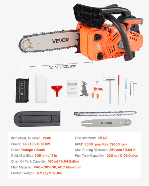 25 Cc Gas Chainsaw 305 Mm Powered 0.75 Kw Saw With Non Slip Handle Dual Fuel Tanks For Wood Cutting Tree Trimming And Land Clearing Chainsaws