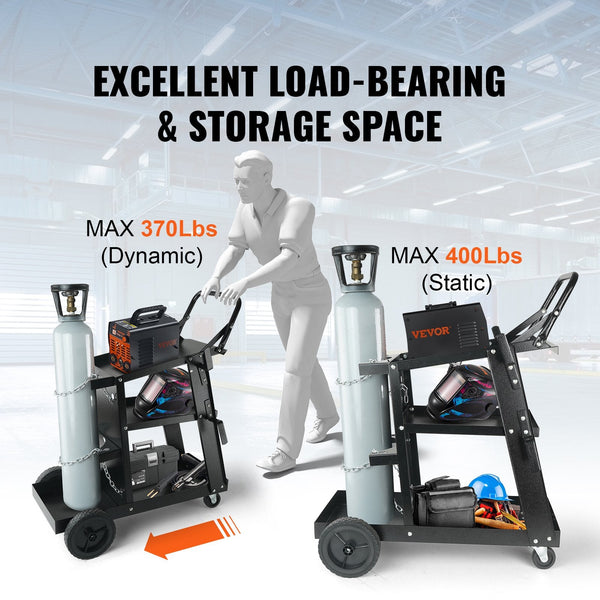 Welding Cart 3 Tier Welder Heavy Duty With 400 Lbs Weight Capacity 360 Swivel Wheels Tank Storage Safety Chains Rolling Mig For Tig Arc Mma Plasma Cut