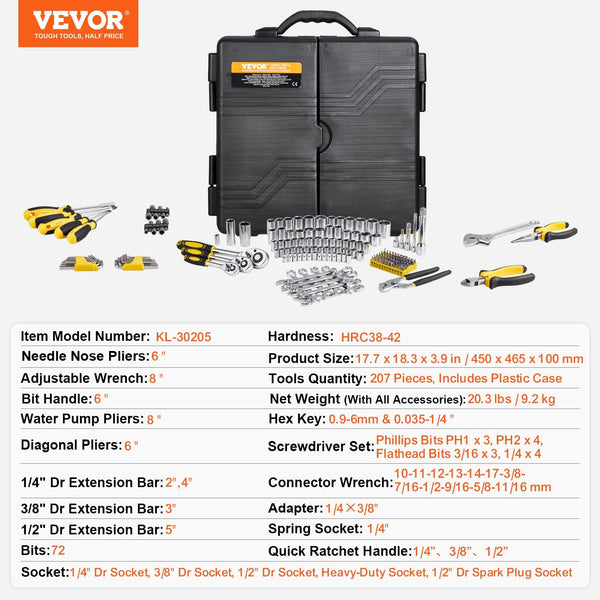 Vevor 207 Piece Mechanics Tool Set 1/4" 3/8" 1/2" Drive Sockets Sae And Metric Sockets & Socket Sets