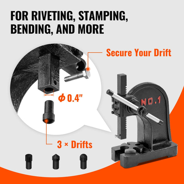 Vevor Arbor Press 1 Ton Manual 5.9" Maximum Height Cast Iron Heavy Duty Desktop Precision Hand For Stamping Bending Stretching Forming Other Power Too