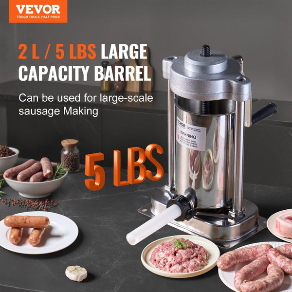 Manual Sausage Stuffer 2 L / 5 Lbs Vertical Machine With G Type Clamp Food Grade 304 Stainless Steel Barrel Stuffing Tubes For Home Kitchen Restaurant