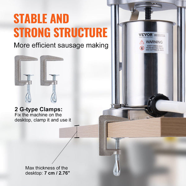 Manual Sausage Stuffer 2 L / 5 Lbs Vertical Machine With G Type Clamp Food Grade 304 Stainless Steel Barrel Stuffing Tubes For Home Kitchen Restaurant