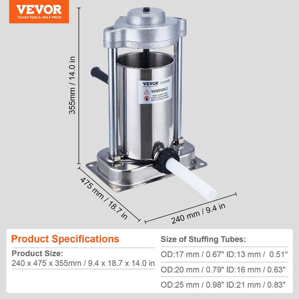 Manual Sausage Stuffer 2 L / 5 Lbs Vertical Machine With G Type Clamp Food Grade 304 Stainless Steel Barrel Stuffing Tubes For Home Kitchen Restaurant