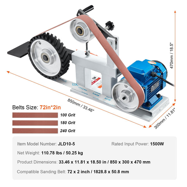 Vevor Belt Grinder Sander 72 X 2 Inch Variable Speed Polisher With Vfd 1500W 2Hp Polishing Grinding Machine 3 Moulds & 3Pcs Sanding Belts For Metalwor