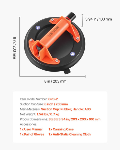 Vacuum Suction Cup 203 Mm Glass Lifter With Abs Handle 180 Kg Max Lifting Capacity Tile Tool Carrying Case For Large Granite Drywall Windows Pack Cran