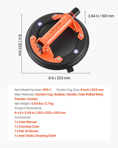 Vacuum Suction Cup 203Mm Glass Lifter With Metal Handle 195 Kg Max Lifting Capacity Tile Tool Carrying Case For Large Granite Drywall Windows Pack Cra