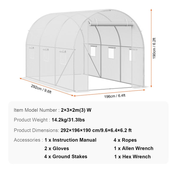 Walk In Tunnel Greenhouse 9.58X6.43X6.23Ft Galvanized Frame Pe Cover White Greenhouses