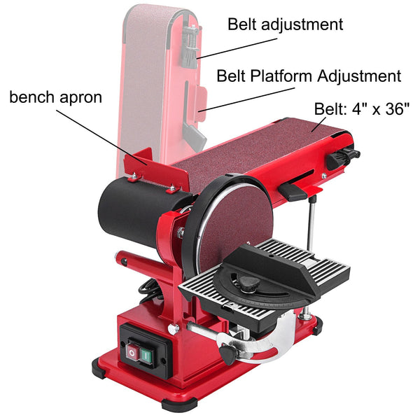 Vevor Belt Sander 4" X 36" Disc Combo Electric Adjustable Bench 375W Grinder Sanding Machine With Rubber Foot Pad Red Sanders