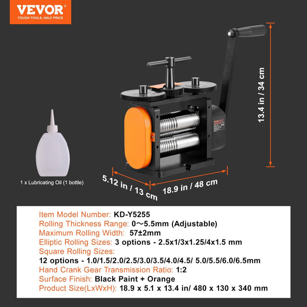 Vevor Rolling Mill 2.24"/57 Mm Jewelry Machine 1: Gear Ratio 3 In 1 Multi Function 0 5.5 Press Thickness For Metal Making Sheet Square Wire Elliptical
