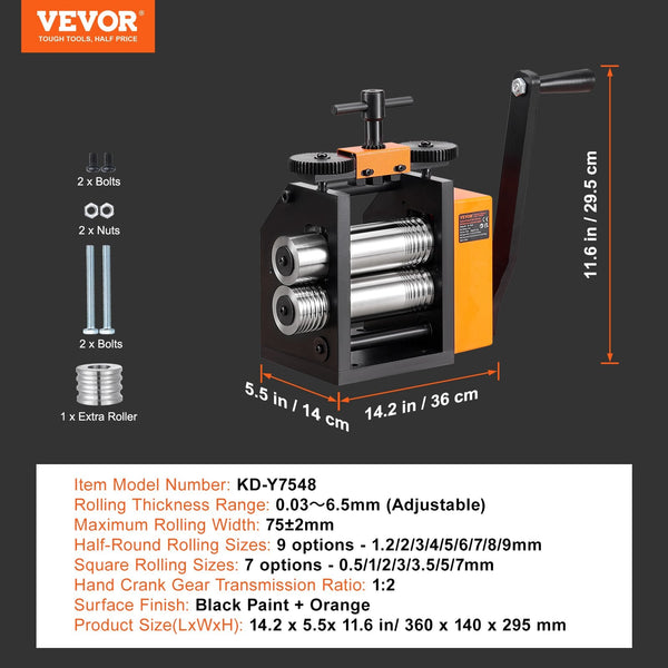 Vevor Rolling Mill 2.95"/75 Mm Jewelry Machine 1: Gear Ratio 3 In 1 Multi Function 0.03 6.5Mm Press Thickness For Metal Making Sheet Square Wire Semic