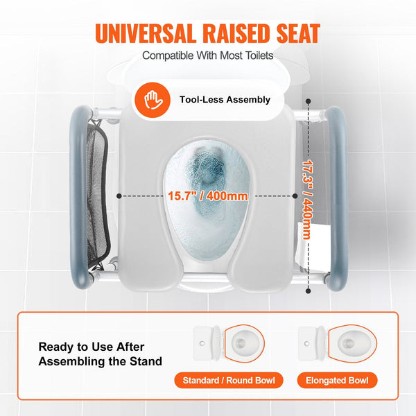 Vevor Raised Toilet Seat 7 Position Height Adjustment 655 805 Mm 158.7 Kg Weight Capacity With Comfort Padded Aluminum Frame Universal Riser For Elder