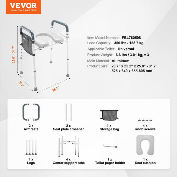 Vevor Raised Toilet Seat 7 Position Height Adjustment 655 805 Mm 158.7 Kg Weight Capacity With Comfort Padded Aluminum Frame Universal Riser For Elder