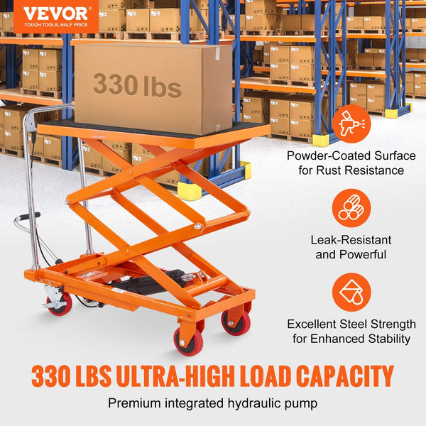 Hydraulic Lift Table Cart 330Lbs Capacity 50" Lifting Height Manual Double Scissor With 4 Wheels And Non Slip Pad For Material Handling Transportation