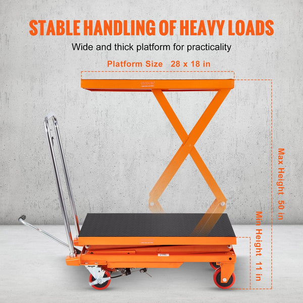 Hydraulic Lift Table Cart 330Lbs Capacity 50" Lifting Height Manual Double Scissor With 4 Wheels And Non Slip Pad For Material Handling Transportation