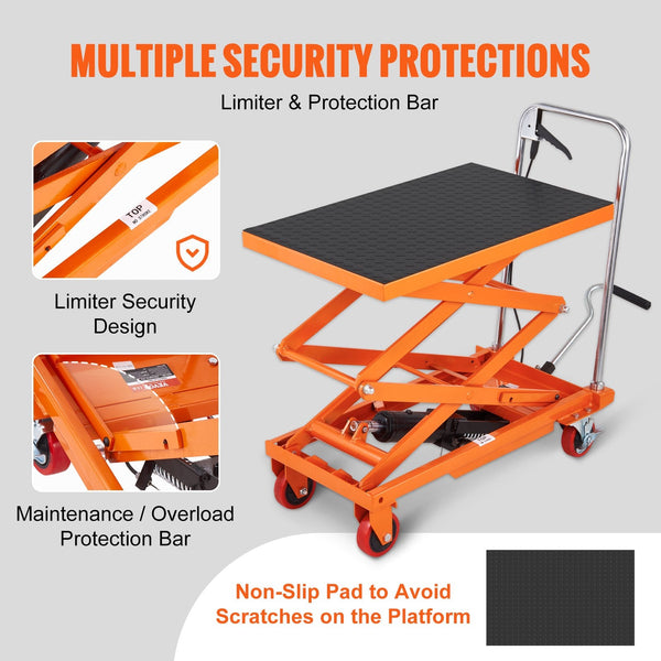 Hydraulic Lift Table Cart 330Lbs Capacity 50" Lifting Height Manual Double Scissor With 4 Wheels And Non Slip Pad For Material Handling Transportation
