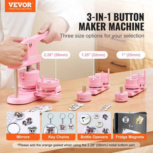 Vevor Button Maker 1/1.25/2.28 Inch (25/32/58Mm) 3 In 1 Pin 300Pcs Parts Machine With Panda Magic Book Ergonomic Arc Handle Punch Press Kit For Childr