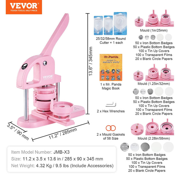 Vevor Button Maker 1/1.25/2.28 Inch (25/32/58Mm) 3 In 1 Pin 300Pcs Parts Machine With Panda Magic Book Ergonomic Arc Handle Punch Press Kit For Childr