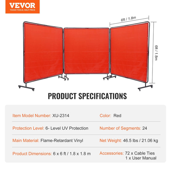 Welding Screen With Frame 6' X 3 Panel Curtain Screens Flame Resistant Vinyl Protection On 12 Swivel Wheels (6 Lockable) Moveable & Professional For W