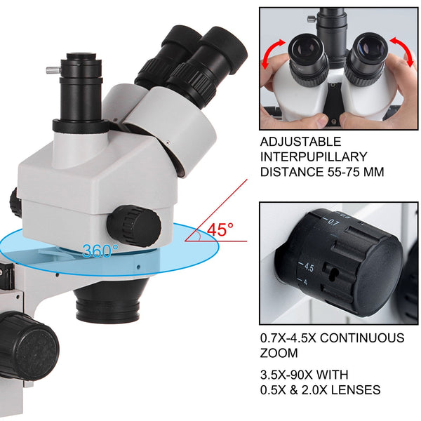 3.5X 90X Trinocular Stereo Microscope With Pillar Stand Biological Reliable Lab Microscopes