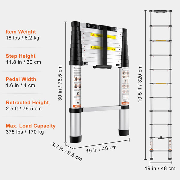 Vevor Telescoping Ladder Aluminum Extension Step 3.2 M Multi Purpose Portable Folding & Step Ladders