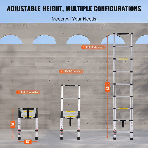 Vevor Telescoping Extension Ladder 8.5Ft One Button Retraction 375 Lbs Capacity Folding & Step Ladders