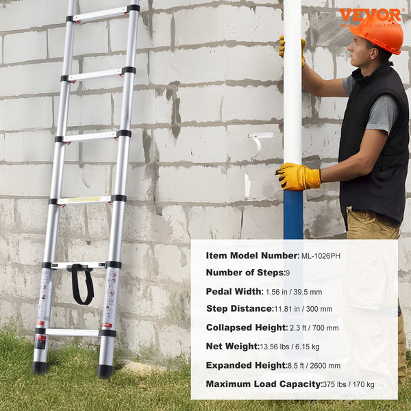 Vevor Telescoping Extension Ladder 8.5Ft One Button Retraction 375 Lbs Capacity Folding & Step Ladders