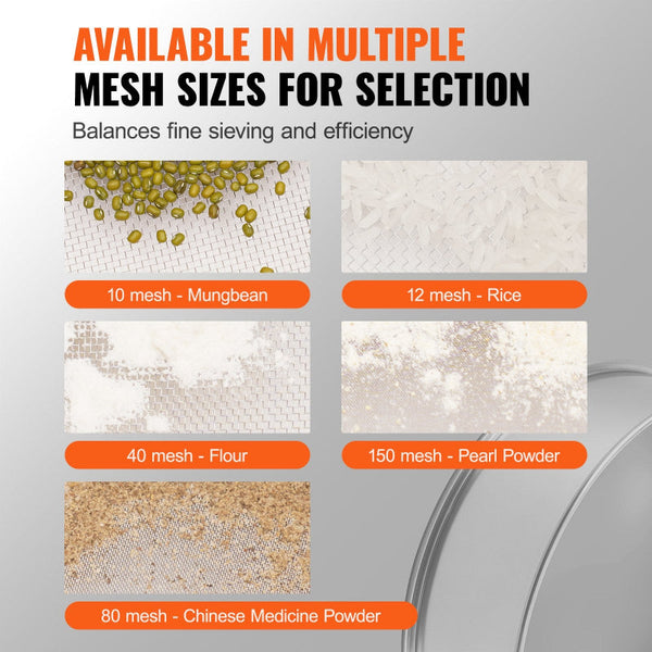 Vevor Flour Sieve Fine Mesh 80 Sifter 304 Stainless Steel Food Grade Dia. 12.6" Strainers For Baking 5 Sizes Hole Mungbean Rice Pearl Powder Other Kit
