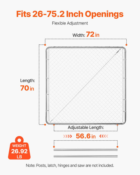 Vevor Chain Link Fence Gate 70 X 72 In Adjustable Panel Fit 3 Ft (W) 4 (H) Garden Opening Rust Resistant Galvanized Fencing For Farm Posts Not Include