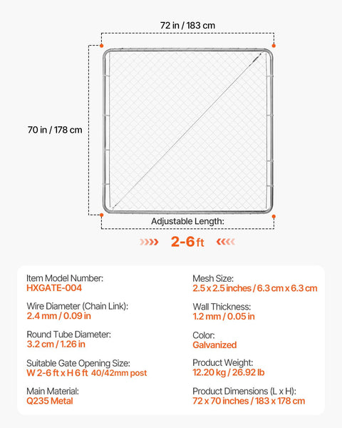 Vevor Chain Link Fence Gate 70 X 72 In Adjustable Panel Fit 3 Ft (W) 4 (H) Garden Opening Rust Resistant Galvanized Fencing For Farm Posts Not Include