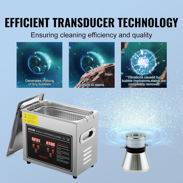 Vevor Ultrasonic Cleaner With Digital Timer & Heater Professional Sonic Jewelry Stainless Steel Heated Cleaning Machine For Glasses Watch Rings Small