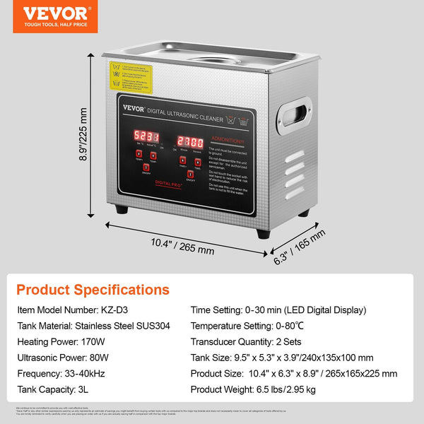 Vevor Ultrasonic Cleaner With Digital Timer & Heater Professional Sonic Jewelry Stainless Steel Heated Cleaning Machine For Glasses Watch Rings Small