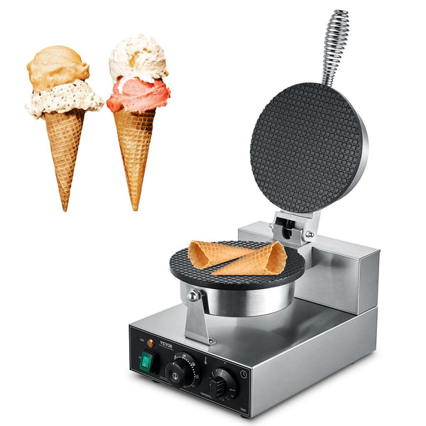 Vevor Electric Ice Cream Cone Maker Commercial 1230W Waffle Machine Non Stick Stainless Steel Egg Roll Mold With Temperature And Time Control Handle F