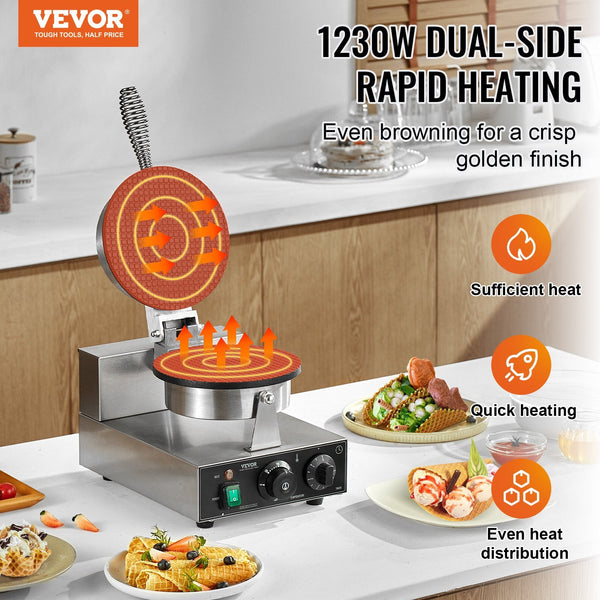 Vevor Electric Ice Cream Cone Maker Commercial 1230W Waffle Machine Non Stick Stainless Steel Egg Roll Mold With Temperature And Time Control Handle F