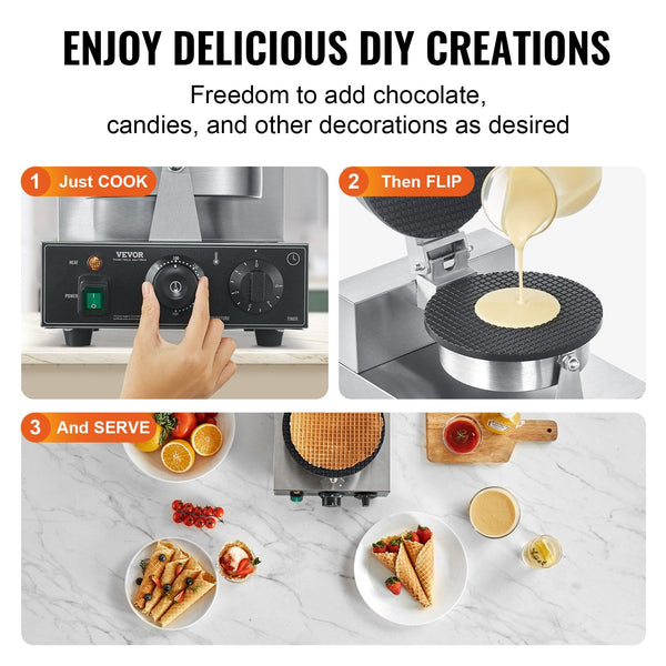 Vevor Electric Ice Cream Cone Maker Commercial 1230W Waffle Machine Non Stick Stainless Steel Egg Roll Mold With Temperature And Time Control Handle F