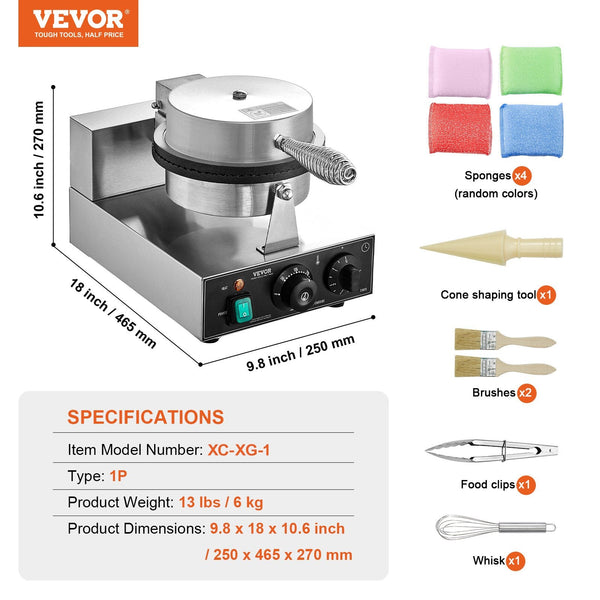 Vevor Electric Ice Cream Cone Maker Commercial 1230W Waffle Machine Non Stick Stainless Steel Egg Roll Mold With Temperature And Time Control Handle F
