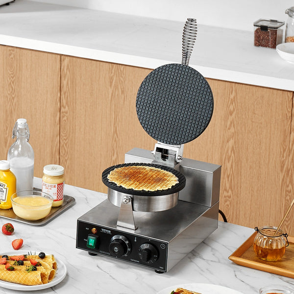 Vevor Electric Ice Cream Cone Maker Commercial 1230W Waffle Machine Non Stick Stainless Steel Egg Roll Mold With Temperature And Time Control Handle F