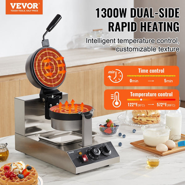 Vevor Commercial Waffle Maker 1300W Non Stick Belgian Iron Rotatable Waffle Makers