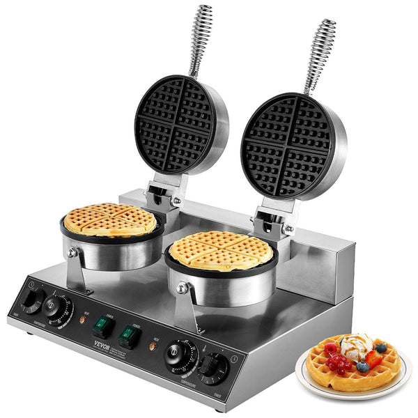 Vevor Commercial Waffle Maker Dual Head Round Baker Machine 2460W Non Stick Stainless Steel Belgian Iron With Temp And Time Control Handle For Restaur