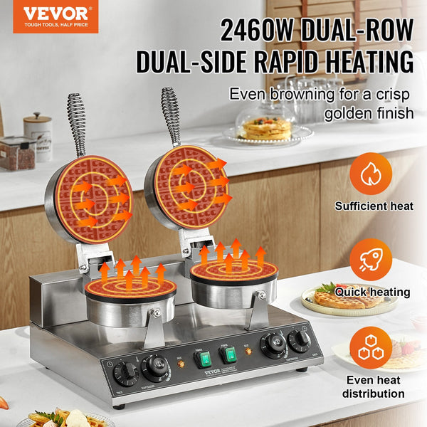 Vevor Commercial Waffle Maker Dual Head Round Baker Machine 2460W Non Stick Stainless Steel Belgian Iron With Temp And Time Control Handle For Restaur