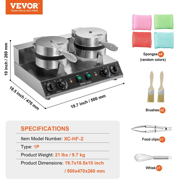 Vevor Commercial Waffle Maker Dual Head Round Baker Machine 2460W Non Stick Stainless Steel Belgian Iron With Temp And Time Control Handle For Restaur