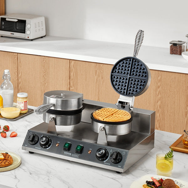 Vevor Commercial Waffle Maker Dual Head Round Baker Machine 2460W Non Stick Stainless Steel Belgian Iron With Temp And Time Control Handle For Restaur