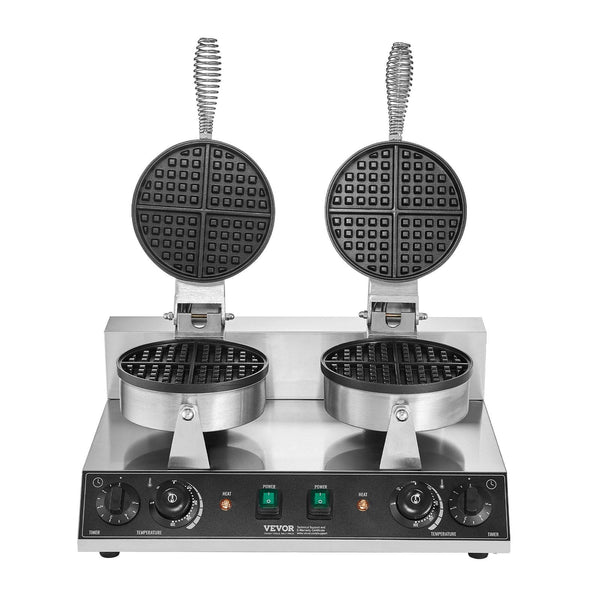Vevor Commercial Waffle Maker Dual Head Round Baker Machine 2460W Non Stick Stainless Steel Belgian Iron With Temp And Time Control Handle For Restaur