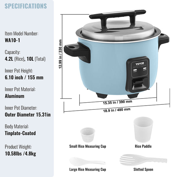 Vevor Commercial Rice Cooker 50 Cup 10L Large Nonstick Warmer Light Blue Rice Cookers