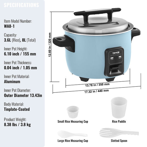 Vevor Commercial Rice Cooker 40 Cup 8L Large Nonstick Warmer Light Blue Rice Cookers